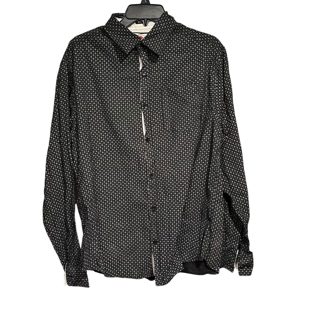 Checkpoint Men’s Fitted Floral Shirt L Black White Long Sleeve Button Up Preppy